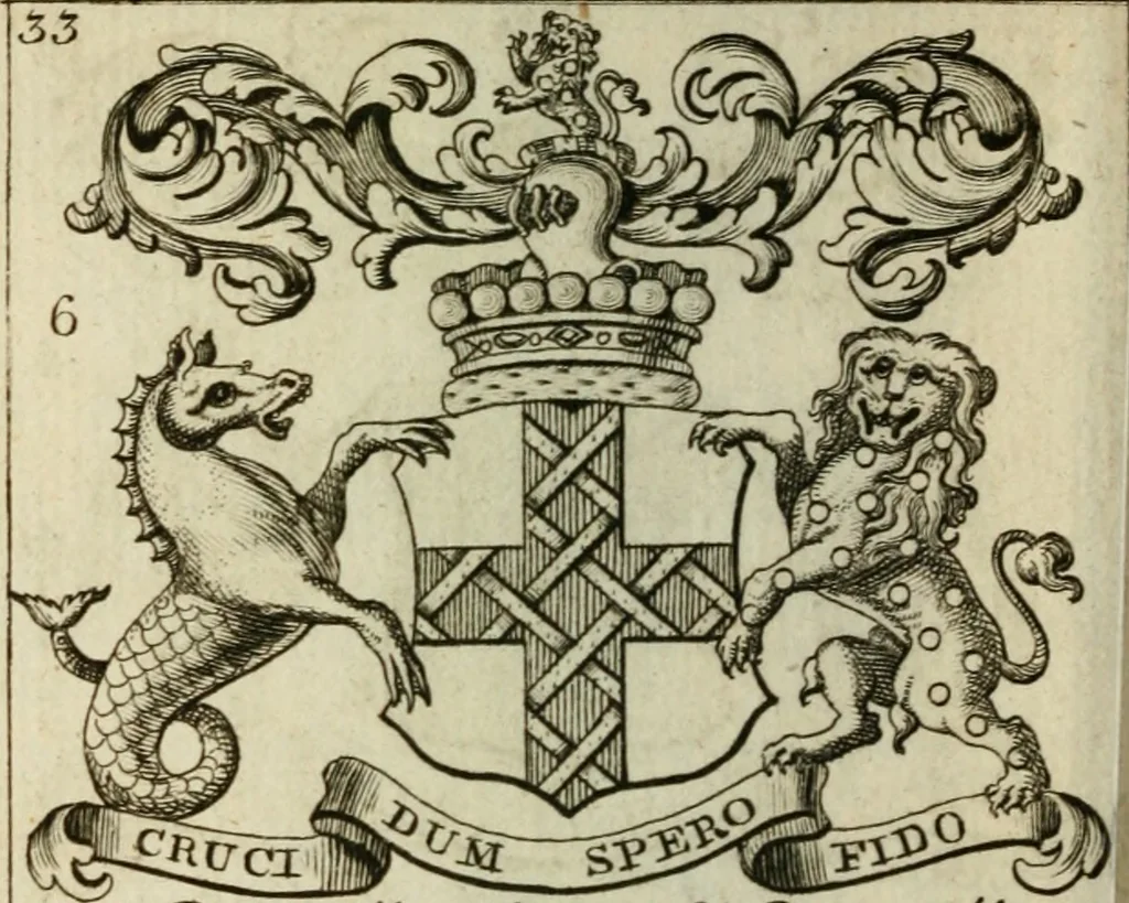 An illustration from The Irish compendium; or, Rudiments of honour. Containing the descents, marriages, issue, titles, posts, and seats of all the nobility of Ireland; with their arms, crests, supporters, mottos and Parliament robes ... Also a supplement, shewing the antiquity, dignity, and use of armories .., 1745, leaf 49