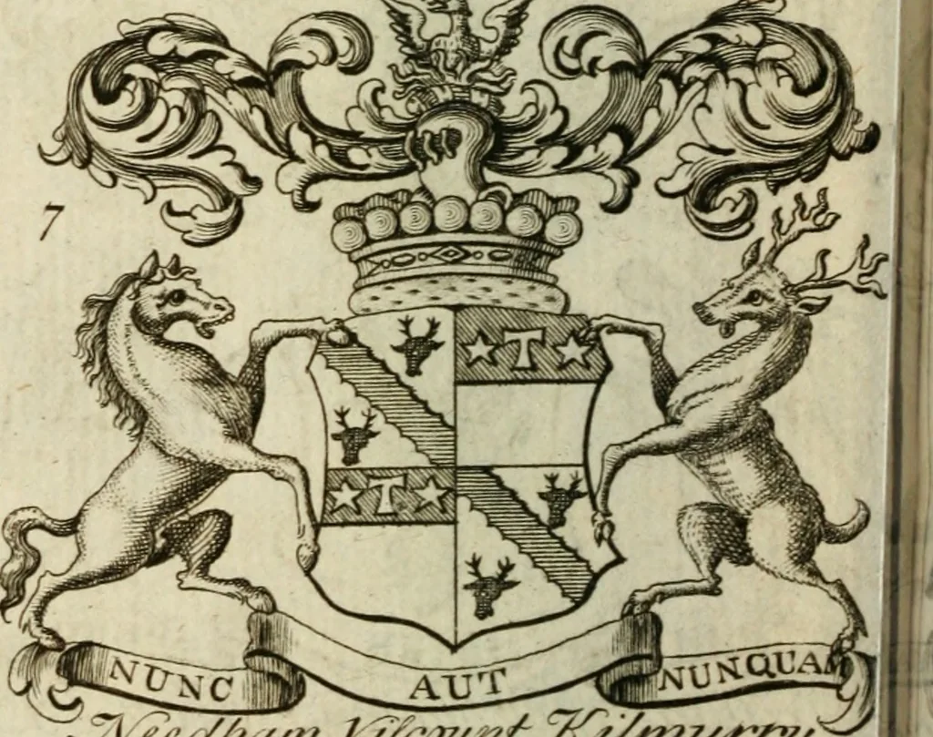 An illustration from The Irish compendium; or, Rudiments of honour. Containing the descents, marriages, issue, titles, posts, and seats of all the nobility of Ireland; with their arms, crests, supporters, mottos and Parliament robes ... Also a supplement, shewing the antiquity, dignity, and use of armories .., 1745, leaf 49