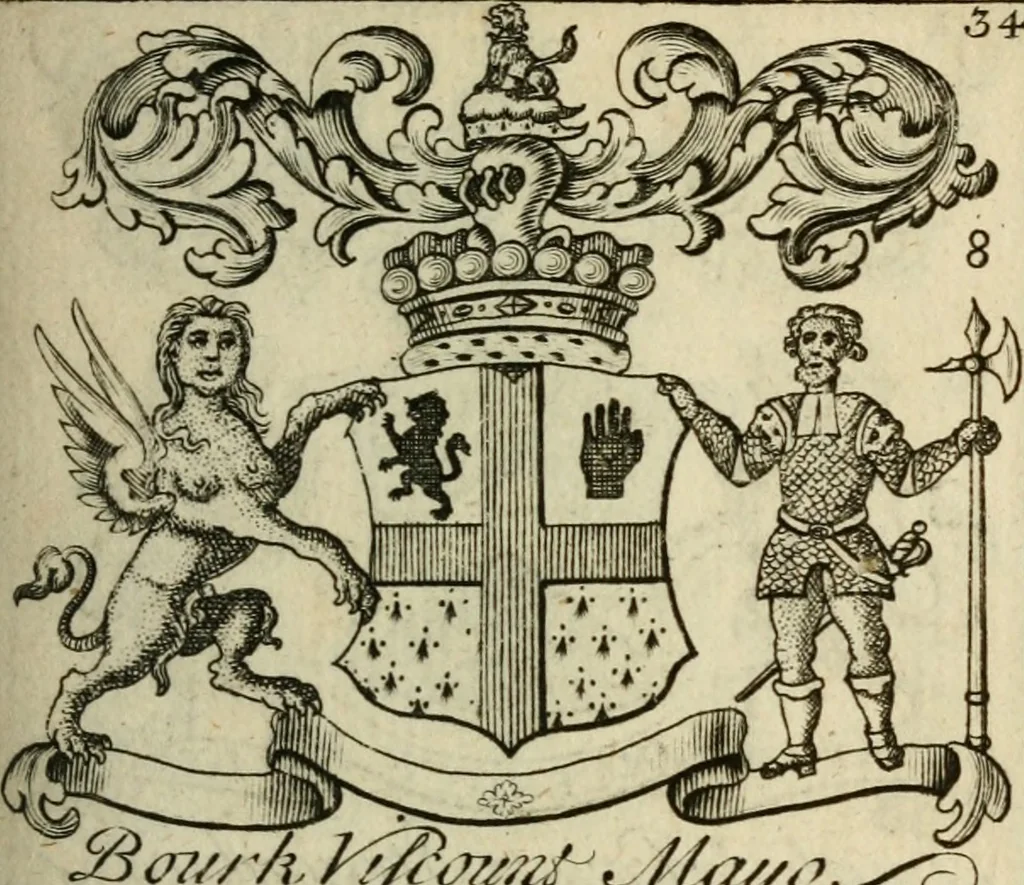 An illustration from The Irish compendium; or, Rudiments of honour. Containing the descents, marriages, issue, titles, posts, and seats of all the nobility of Ireland; with their arms, crests, supporters, mottos and Parliament robes ... Also a supplement, shewing the antiquity, dignity, and use of armories .., 1745, leaf 50