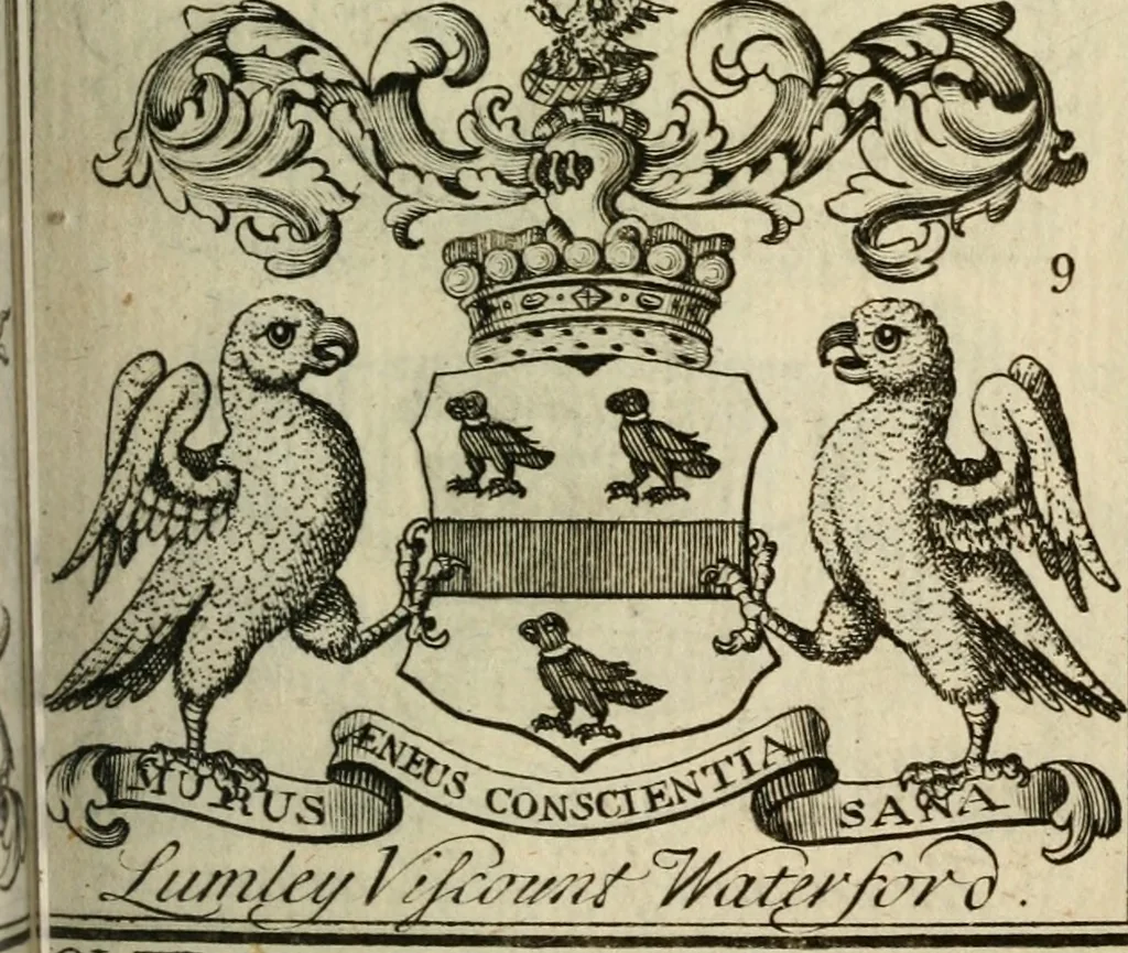 An illustration from The Irish compendium; or, Rudiments of honour. Containing the descents, marriages, issue, titles, posts, and seats of all the nobility of Ireland; with their arms, crests, supporters, mottos and Parliament robes ... Also a supplement, shewing the antiquity, dignity, and use of armories .., 1745, leaf 50