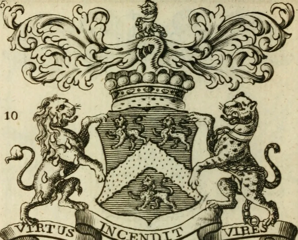 An illustration from The Irish compendium; or, Rudiments of honour. Containing the descents, marriages, issue, titles, posts, and seats of all the nobility of Ireland; with their arms, crests, supporters, mottos and Parliament robes ... Also a supplement, shewing the antiquity, dignity, and use of armories .., 1745, leaf 51