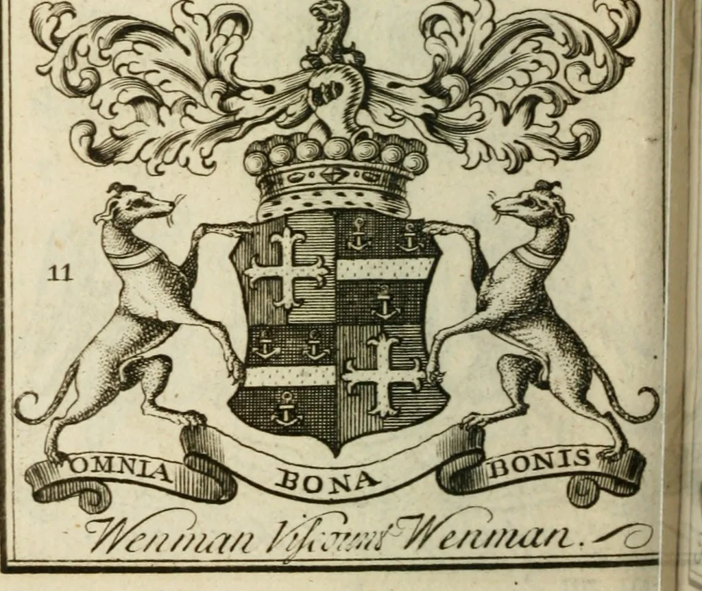 An illustration from The Irish compendium; or, Rudiments of honour. Containing the descents, marriages, issue, titles, posts, and seats of all the nobility of Ireland; with their arms, crests, supporters, mottos and Parliament robes ... Also a supplement, shewing the antiquity, dignity, and use of armories .., 1745, leaf 51