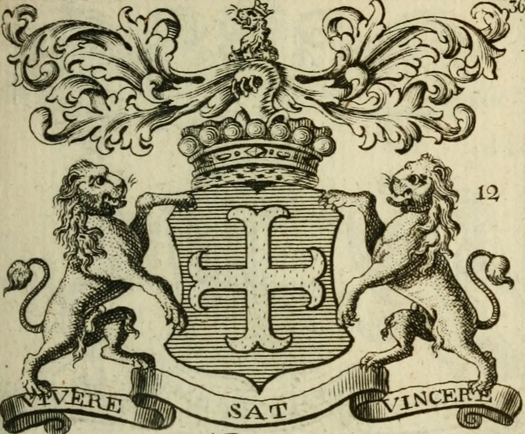 An illustration from The Irish compendium; or, Rudiments of honour. Containing the descents, marriages, issue, titles, posts, and seats of all the nobility of Ireland; with their arms, crests, supporters, mottos and Parliament robes ... Also a supplement, shewing the antiquity, dignity, and use of armories .., 1745, leaf 52