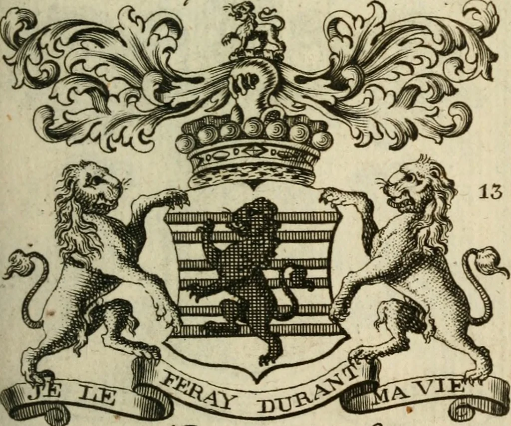 An illustration from The Irish compendium; or, Rudiments of honour. Containing the descents, marriages, issue, titles, posts, and seats of all the nobility of Ireland; with their arms, crests, supporters, mottos and Parliament robes ... Also a supplement, shewing the antiquity, dignity, and use of armories .., 1745, leaf 52