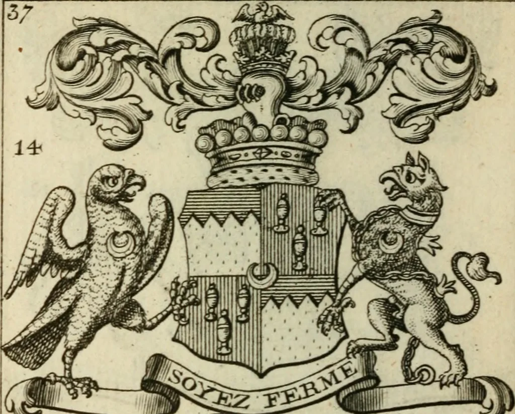 An illustration from The Irish compendium; or, Rudiments of honour. Containing the descents, marriages, issue, titles, posts, and seats of all the nobility of Ireland; with their arms, crests, supporters, mottos and Parliament robes ... Also a supplement, shewing the antiquity, dignity, and use of armories .., 1745, leaf 53
