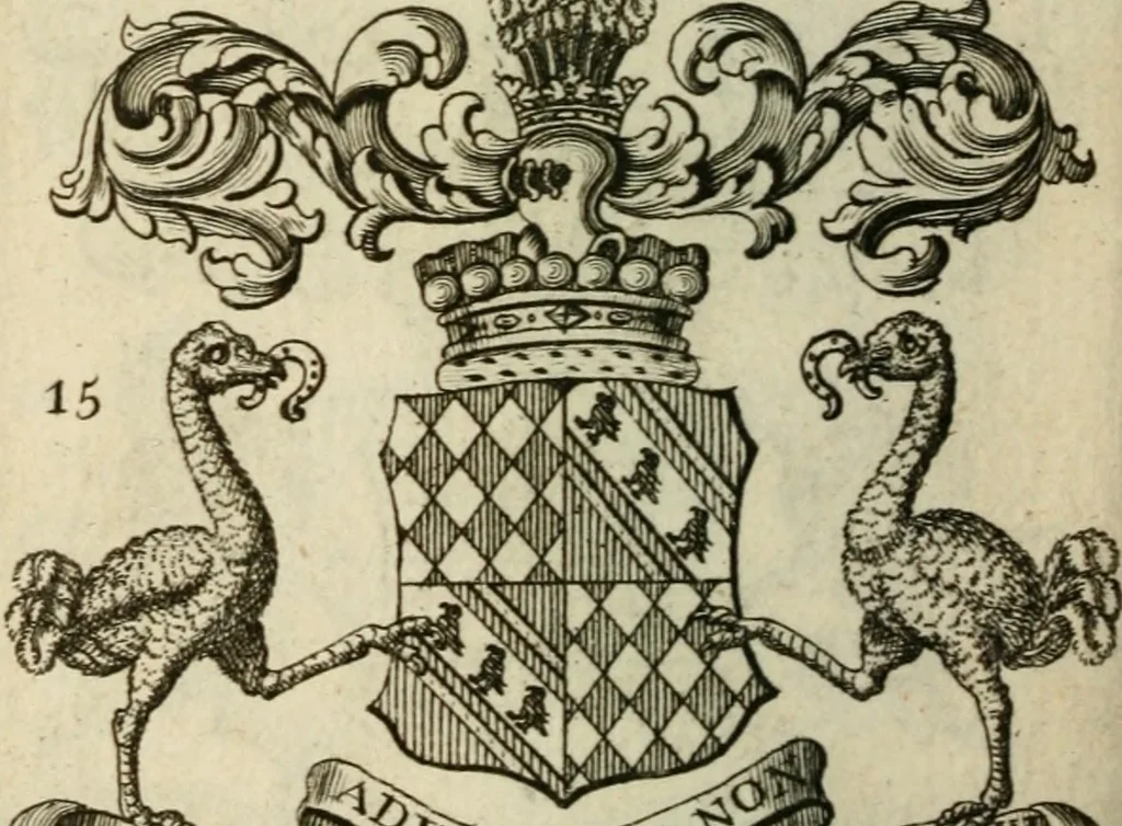 An illustration from The Irish compendium; or, Rudiments of honour. Containing the descents, marriages, issue, titles, posts, and seats of all the nobility of Ireland; with their arms, crests, supporters, mottos and Parliament robes ... Also a supplement, shewing the antiquity, dignity, and use of armories .., 1745, leaf 53