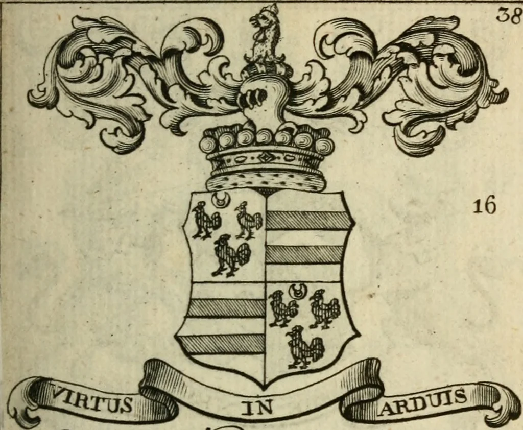 An illustration from The Irish compendium; or, Rudiments of honour. Containing the descents, marriages, issue, titles, posts, and seats of all the nobility of Ireland; with their arms, crests, supporters, mottos and Parliament robes ... Also a supplement, shewing the antiquity, dignity, and use of armories .., 1745, leaf 54