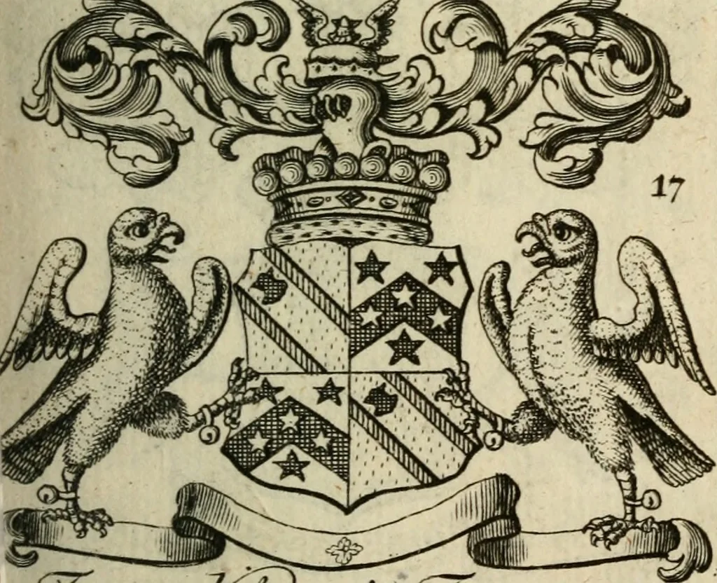 An illustration from The Irish compendium; or, Rudiments of honour. Containing the descents, marriages, issue, titles, posts, and seats of all the nobility of Ireland; with their arms, crests, supporters, mottos and Parliament robes ... Also a supplement, shewing the antiquity, dignity, and use of armories .., 1745, leaf 54