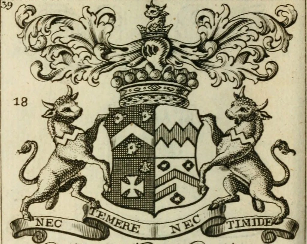 An illustration from The Irish compendium; or, Rudiments of honour. Containing the descents, marriages, issue, titles, posts, and seats of all the nobility of Ireland; with their arms, crests, supporters, mottos and Parliament robes ... Also a supplement, shewing the antiquity, dignity, and use of armories .., 1745, leaf 55
