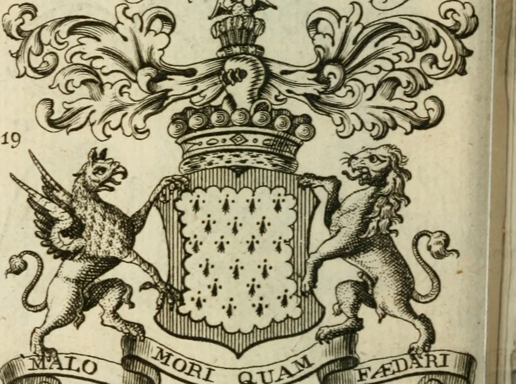 An illustration from The Irish compendium; or, Rudiments of honour. Containing the descents, marriages, issue, titles, posts, and seats of all the nobility of Ireland; with their arms, crests, supporters, mottos and Parliament robes ... Also a supplement, shewing the antiquity, dignity, and use of armories .., 1745, leaf 55