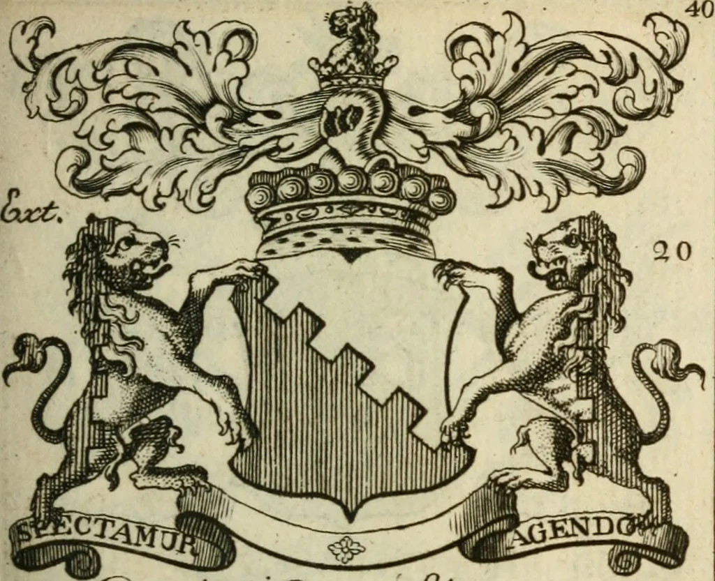 An illustration from The Irish compendium; or, Rudiments of honour. Containing the descents, marriages, issue, titles, posts, and seats of all the nobility of Ireland; with their arms, crests, supporters, mottos and Parliament robes ... Also a supplement, shewing the antiquity, dignity, and use of armories .., 1745, leaf 56
