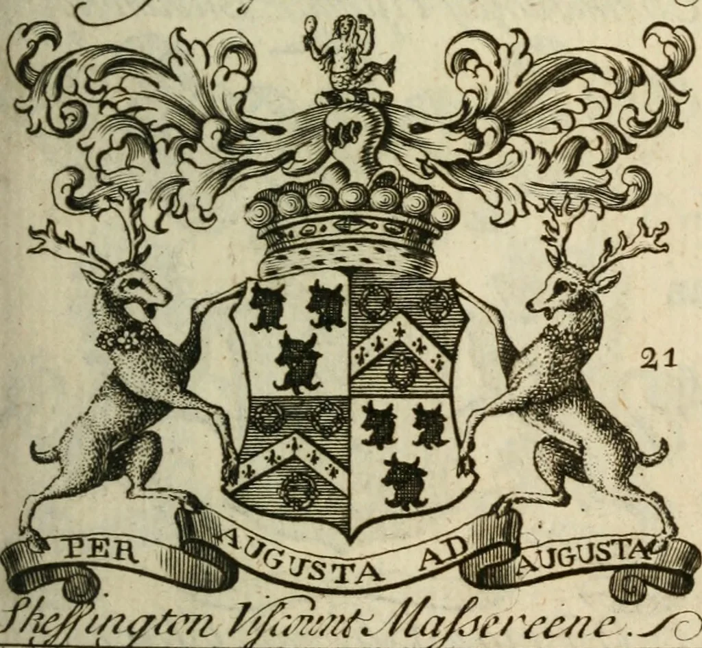 An illustration from The Irish compendium; or, Rudiments of honour. Containing the descents, marriages, issue, titles, posts, and seats of all the nobility of Ireland; with their arms, crests, supporters, mottos and Parliament robes ... Also a supplement, shewing the antiquity, dignity, and use of armories .., 1745, leaf 56