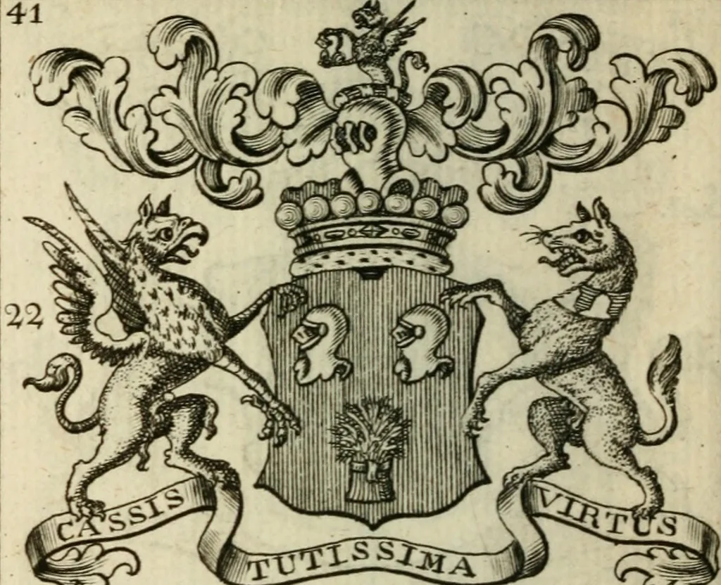 An illustration from The Irish compendium; or, Rudiments of honour. Containing the descents, marriages, issue, titles, posts, and seats of all the nobility of Ireland; with their arms, crests, supporters, mottos and Parliament robes ... Also a supplement, shewing the antiquity, dignity, and use of armories .., 1745, leaf 57