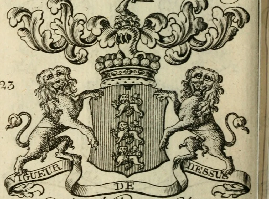 An illustration from The Irish compendium; or, Rudiments of honour. Containing the descents, marriages, issue, titles, posts, and seats of all the nobility of Ireland; with their arms, crests, supporters, mottos and Parliament robes ... Also a supplement, shewing the antiquity, dignity, and use of armories .., 1745, leaf 57