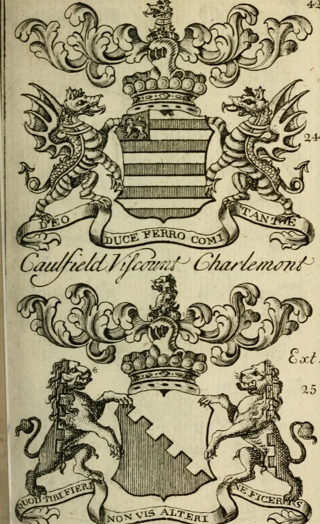An illustration from The Irish compendium; or, Rudiments of honour. Containing the descents, marriages, issue, titles, posts, and seats of all the nobility of Ireland; with their arms, crests, supporters, mottos and Parliament robes ... Also a supplement, shewing the antiquity, dignity, and use of armories .., 1745, leaf 58