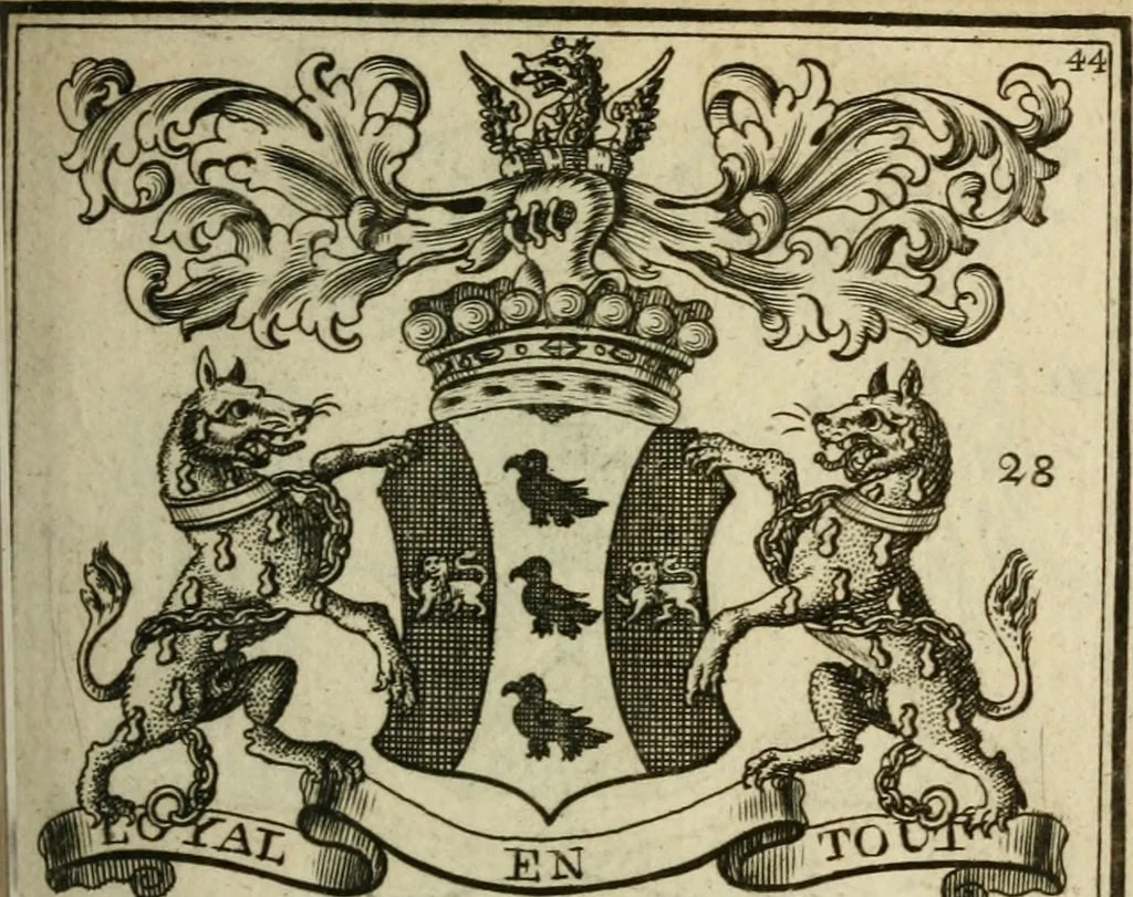 An illustration from The Irish compendium; or, Rudiments of honour. Containing the descents, marriages, issue, titles, posts, and seats of all the nobility of Ireland; with their arms, crests, supporters, mottos and Parliament robes ... Also a supplement, shewing the antiquity, dignity, and use of armories .., 1745, leaf 60
