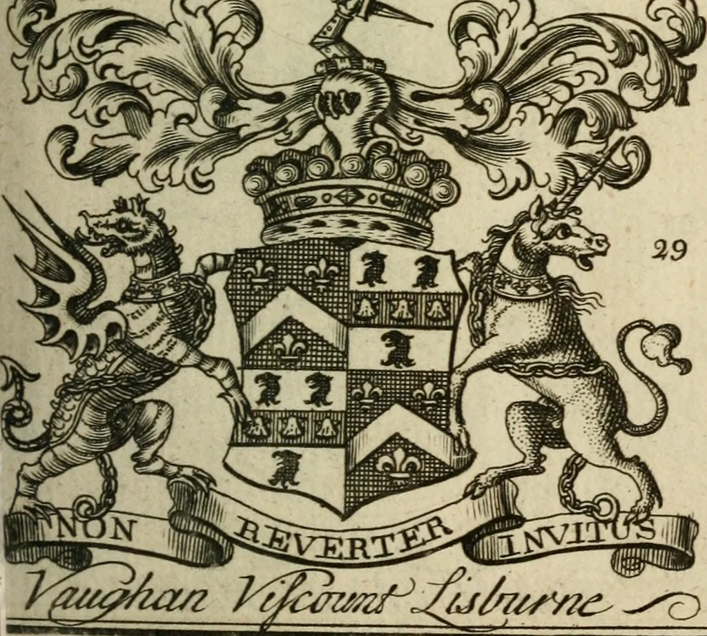 An illustration from The Irish compendium; or, Rudiments of honour. Containing the descents, marriages, issue, titles, posts, and seats of all the nobility of Ireland; with their arms, crests, supporters, mottos and Parliament robes ... Also a supplement, shewing the antiquity, dignity, and use of armories .., 1745, leaf 60