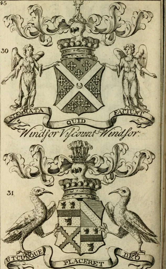 An illustration from The Irish compendium; or, Rudiments of honour. Containing the descents, marriages, issue, titles, posts, and seats of all the nobility of Ireland; with their arms, crests, supporters, mottos and Parliament robes ... Also a supplement, shewing the antiquity, dignity, and use of armories .., 1745, leaf 61