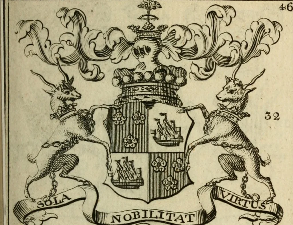 An illustration from The Irish compendium; or, Rudiments of honour. Containing the descents, marriages, issue, titles, posts, and seats of all the nobility of Ireland; with their arms, crests, supporters, mottos and Parliament robes ... Also a supplement, shewing the antiquity, dignity, and use of armories .., 1745, leaf 62