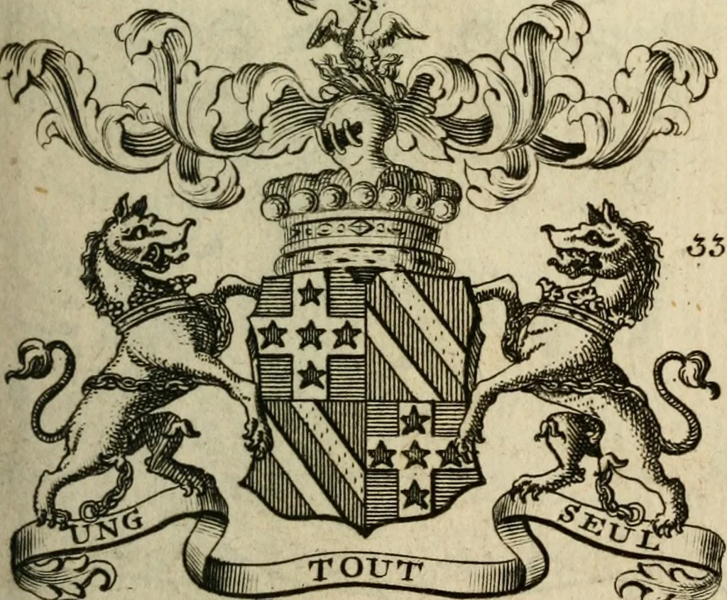 An illustration from The Irish compendium; or, Rudiments of honour. Containing the descents, marriages, issue, titles, posts, and seats of all the nobility of Ireland; with their arms, crests, supporters, mottos and Parliament robes ... Also a supplement, shewing the antiquity, dignity, and use of armories .., 1745, leaf 62