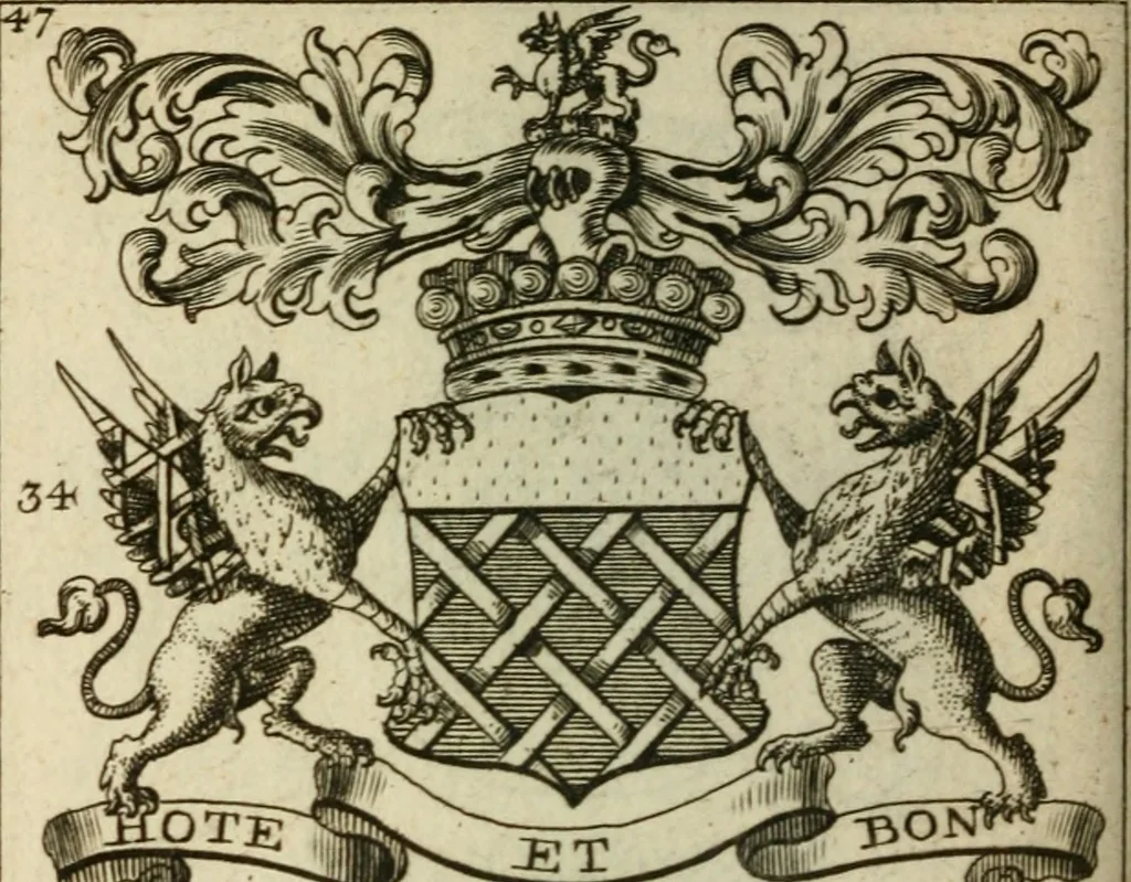 An illustration from The Irish compendium; or, Rudiments of honour. Containing the descents, marriages, issue, titles, posts, and seats of all the nobility of Ireland; with their arms, crests, supporters, mottos and Parliament robes ... Also a supplement, shewing the antiquity, dignity, and use of armories .., 1745, leaf 63