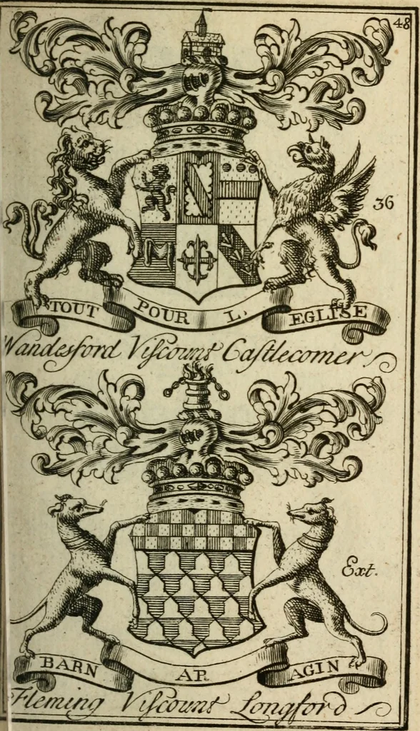 An illustration from The Irish compendium; or, Rudiments of honour. Containing the descents, marriages, issue, titles, posts, and seats of all the nobility of Ireland; with their arms, crests, supporters, mottos and Parliament robes ... Also a supplement, shewing the antiquity, dignity, and use of armories .., 1745, leaf 64