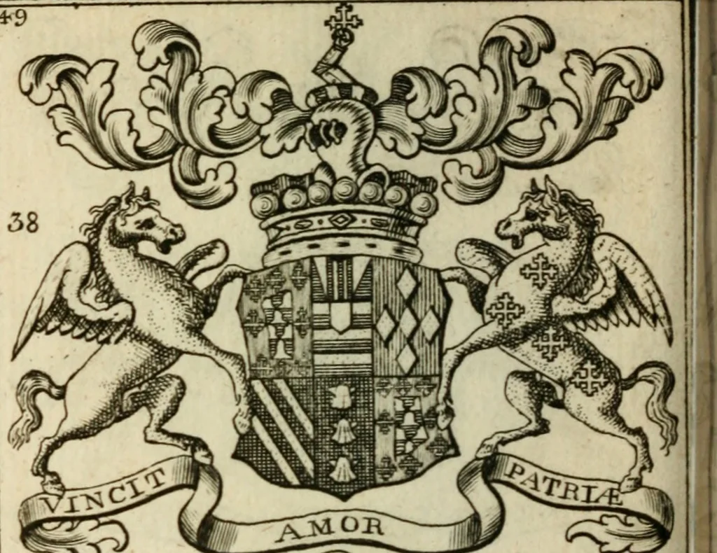 An illustration from The Irish compendium; or, Rudiments of honour. Containing the descents, marriages, issue, titles, posts, and seats of all the nobility of Ireland; with their arms, crests, supporters, mottos and Parliament robes ... Also a supplement, shewing the antiquity, dignity, and use of armories .., 1745, leaf 65