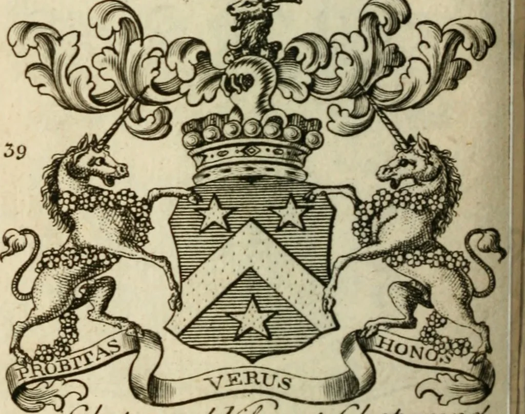An illustration from The Irish compendium; or, Rudiments of honour. Containing the descents, marriages, issue, titles, posts, and seats of all the nobility of Ireland; with their arms, crests, supporters, mottos and Parliament robes ... Also a supplement, shewing the antiquity, dignity, and use of armories .., 1745, leaf 65