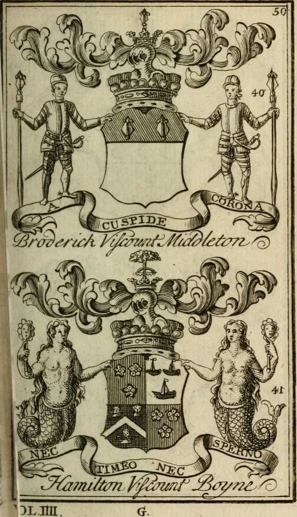 An illustration from The Irish compendium; or, Rudiments of honour. Containing the descents, marriages, issue, titles, posts, and seats of all the nobility of Ireland; with their arms, crests, supporters, mottos and Parliament robes ... Also a supplement, shewing the antiquity, dignity, and use of armories .., 1745, leaf 66