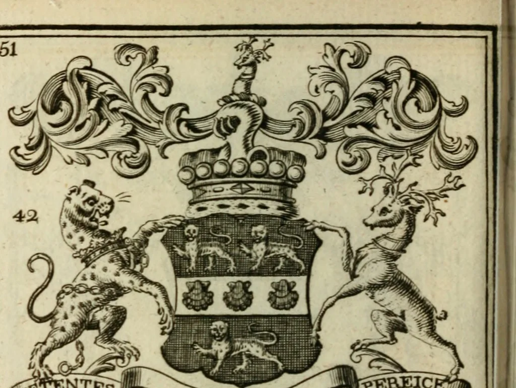 An illustration from The Irish compendium; or, Rudiments of honour. Containing the descents, marriages, issue, titles, posts, and seats of all the nobility of Ireland; with their arms, crests, supporters, mottos and Parliament robes ... Also a supplement, shewing the antiquity, dignity, and use of armories .., 1745, leaf 67