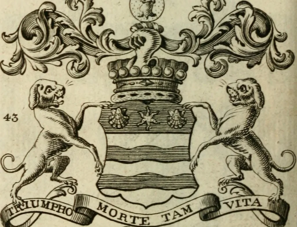 An illustration from The Irish compendium; or, Rudiments of honour. Containing the descents, marriages, issue, titles, posts, and seats of all the nobility of Ireland; with their arms, crests, supporters, mottos and Parliament robes ... Also a supplement, shewing the antiquity, dignity, and use of armories .., 1745, leaf 67