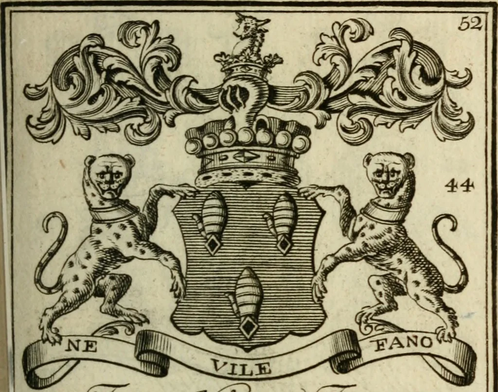 An illustration from The Irish compendium; or, Rudiments of honour. Containing the descents, marriages, issue, titles, posts, and seats of all the nobility of Ireland; with their arms, crests, supporters, mottos and Parliament robes ... Also a supplement, shewing the antiquity, dignity, and use of armories .., 1745, leaf 68