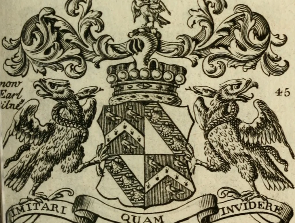 An illustration from The Irish compendium; or, Rudiments of honour. Containing the descents, marriages, issue, titles, posts, and seats of all the nobility of Ireland; with their arms, crests, supporters, mottos and Parliament robes ... Also a supplement, shewing the antiquity, dignity, and use of armories .., 1745, leaf 68