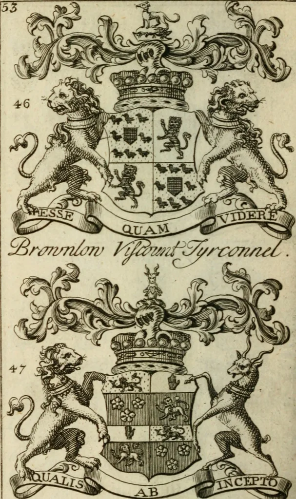An illustration from The Irish compendium; or, Rudiments of honour. Containing the descents, marriages, issue, titles, posts, and seats of all the nobility of Ireland; with their arms, crests, supporters, mottos and Parliament robes ... Also a supplement, shewing the antiquity, dignity, and use of armories .., 1745, leaf 69