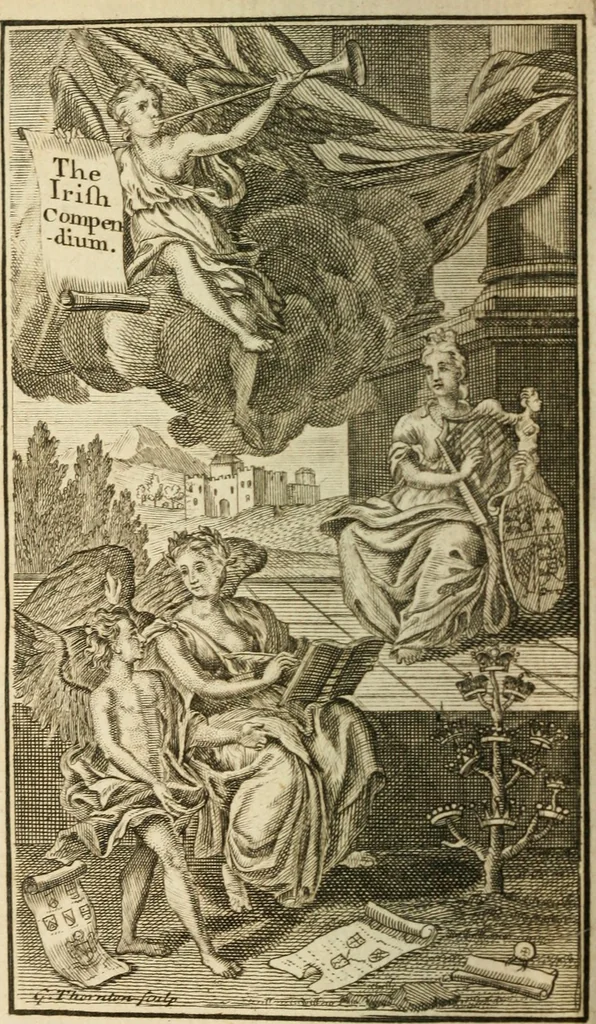 An illustration from The Irish compendium; or, Rudiments of honour. Containing the descents, marriages, issue, titles, posts, and seats of all the nobility of Ireland; with their arms, crests, supporters, mottos and Parliament robes ... Also a supplement, shewing the antiquity, dignity, and use of armories .., 1745, leaf 7