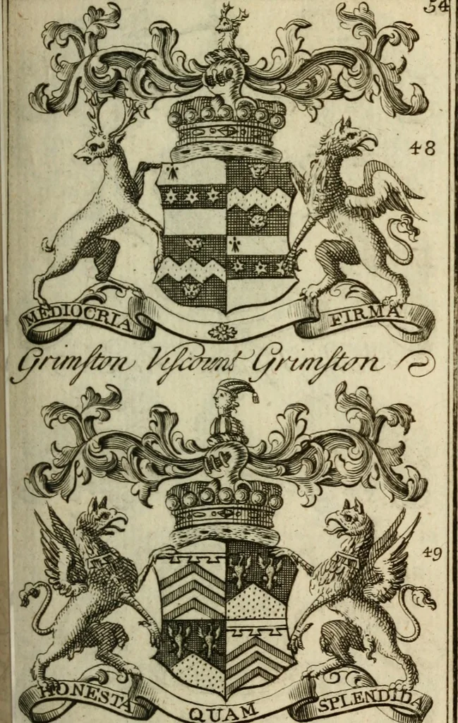 An illustration from The Irish compendium; or, Rudiments of honour. Containing the descents, marriages, issue, titles, posts, and seats of all the nobility of Ireland; with their arms, crests, supporters, mottos and Parliament robes ... Also a supplement, shewing the antiquity, dignity, and use of armories .., 1745, leaf 70