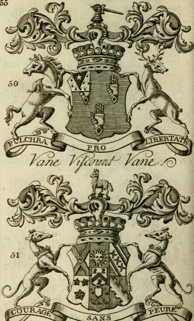 An illustration from The Irish compendium; or, Rudiments of honour. Containing the descents, marriages, issue, titles, posts, and seats of all the nobility of Ireland; with their arms, crests, supporters, mottos and Parliament robes ... Also a supplement, shewing the antiquity, dignity, and use of armories .., 1745, leaf 71