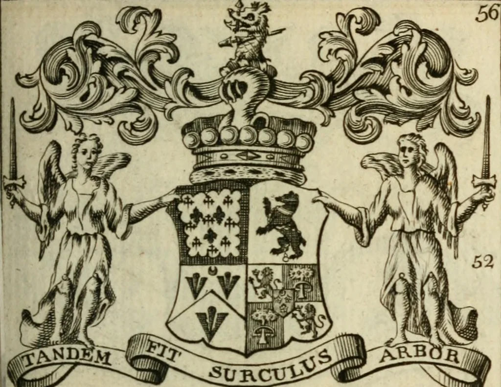 An illustration from The Irish compendium; or, Rudiments of honour. Containing the descents, marriages, issue, titles, posts, and seats of all the nobility of Ireland; with their arms, crests, supporters, mottos and Parliament robes ... Also a supplement, shewing the antiquity, dignity, and use of armories .., 1745, leaf 72