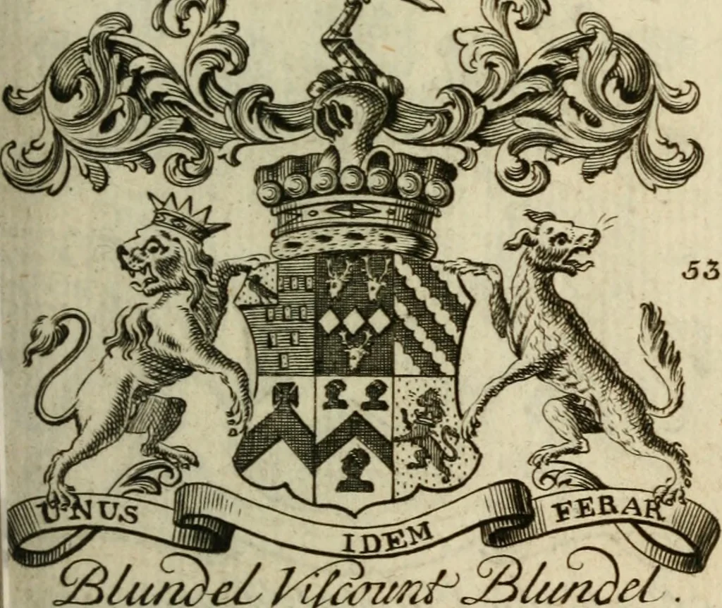 An illustration from The Irish compendium; or, Rudiments of honour. Containing the descents, marriages, issue, titles, posts, and seats of all the nobility of Ireland; with their arms, crests, supporters, mottos and Parliament robes ... Also a supplement, shewing the antiquity, dignity, and use of armories .., 1745, leaf 72