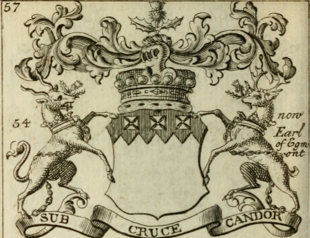 An illustration from The Irish compendium; or, Rudiments of honour. Containing the descents, marriages, issue, titles, posts, and seats of all the nobility of Ireland; with their arms, crests, supporters, mottos and Parliament robes ... Also a supplement, shewing the antiquity, dignity, and use of armories .., 1745, leaf 73