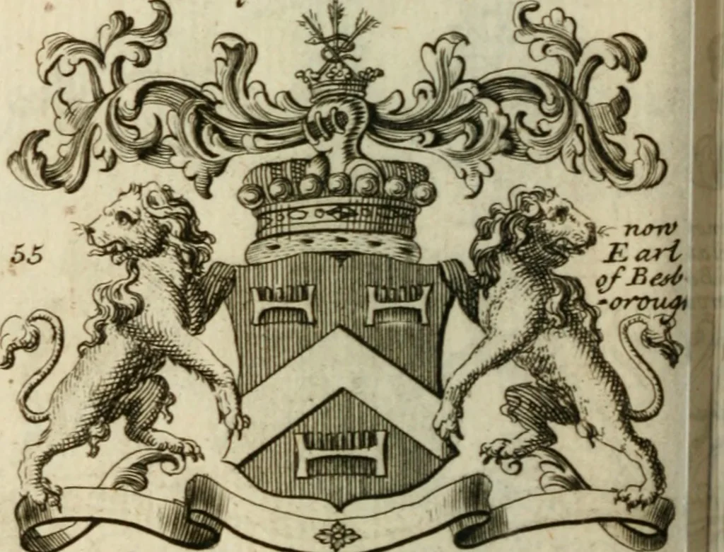 An illustration from The Irish compendium; or, Rudiments of honour. Containing the descents, marriages, issue, titles, posts, and seats of all the nobility of Ireland; with their arms, crests, supporters, mottos and Parliament robes ... Also a supplement, shewing the antiquity, dignity, and use of armories .., 1745, leaf 73