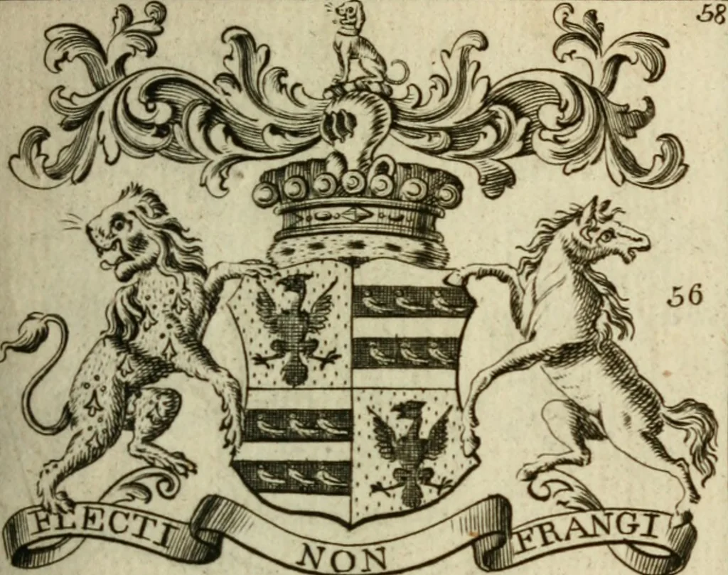 An illustration from The Irish compendium; or, Rudiments of honour. Containing the descents, marriages, issue, titles, posts, and seats of all the nobility of Ireland; with their arms, crests, supporters, mottos and Parliament robes ... Also a supplement, shewing the antiquity, dignity, and use of armories .., 1745, leaf 74