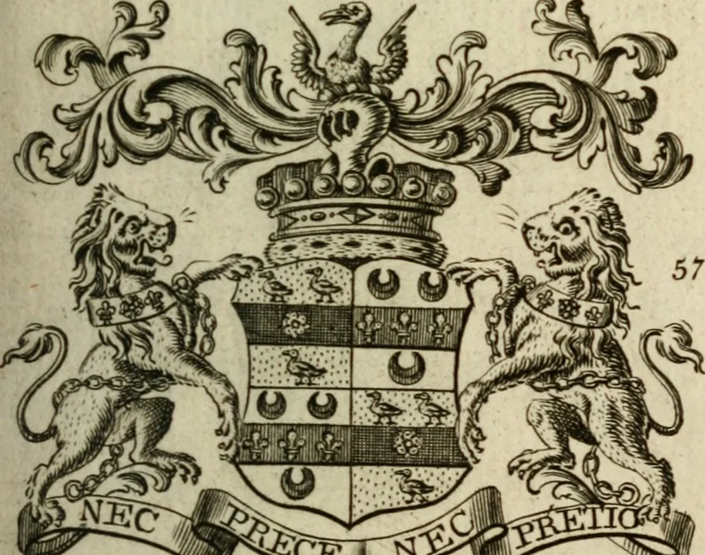 An illustration from The Irish compendium; or, Rudiments of honour. Containing the descents, marriages, issue, titles, posts, and seats of all the nobility of Ireland; with their arms, crests, supporters, mottos and Parliament robes ... Also a supplement, shewing the antiquity, dignity, and use of armories .., 1745, leaf 74