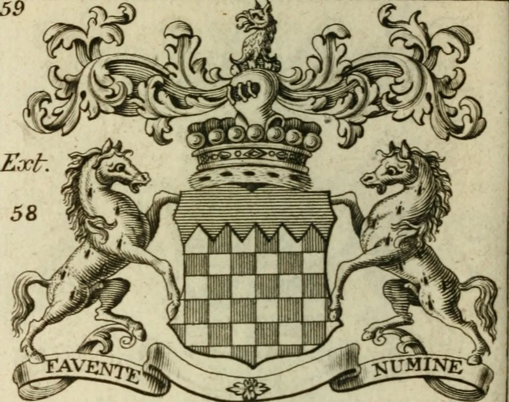 An illustration from The Irish compendium; or, Rudiments of honour. Containing the descents, marriages, issue, titles, posts, and seats of all the nobility of Ireland; with their arms, crests, supporters, mottos and Parliament robes ... Also a supplement, shewing the antiquity, dignity, and use of armories .., 1745, leaf 75