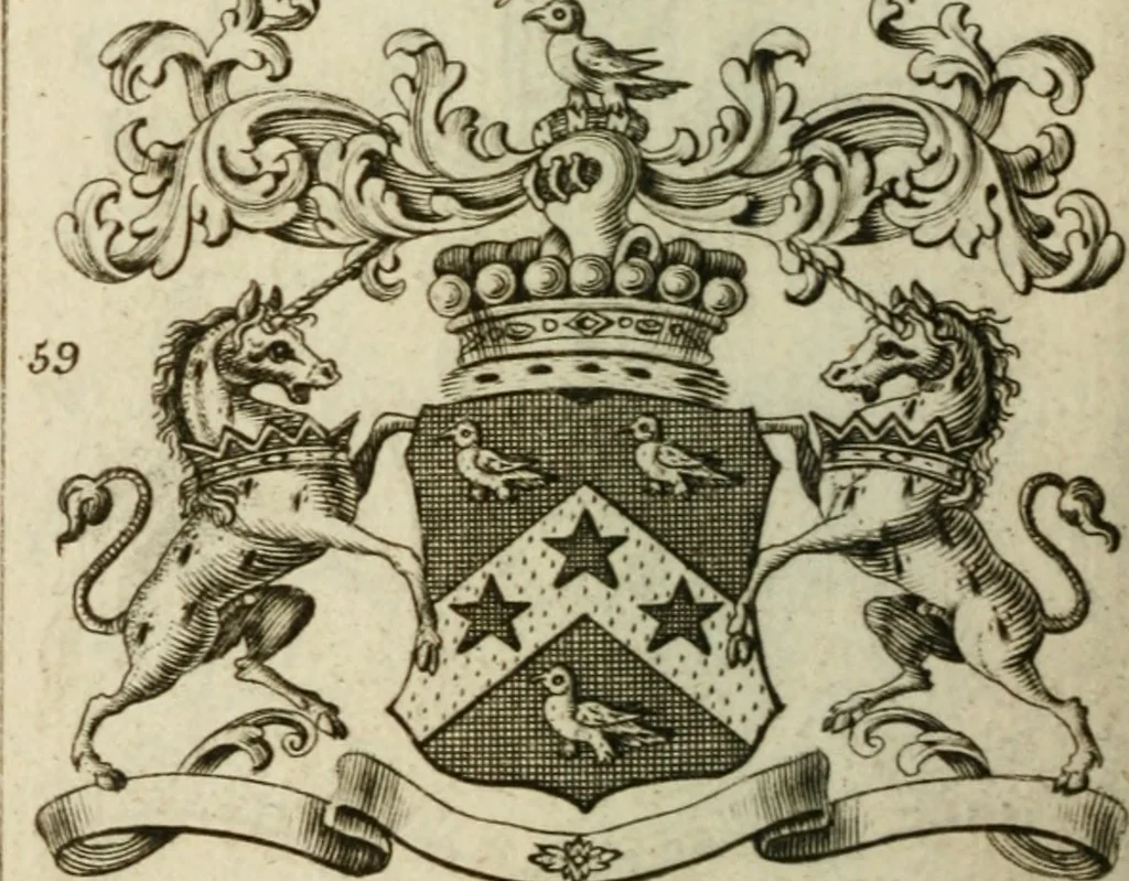 An illustration from The Irish compendium; or, Rudiments of honour. Containing the descents, marriages, issue, titles, posts, and seats of all the nobility of Ireland; with their arms, crests, supporters, mottos and Parliament robes ... Also a supplement, shewing the antiquity, dignity, and use of armories .., 1745, leaf 75