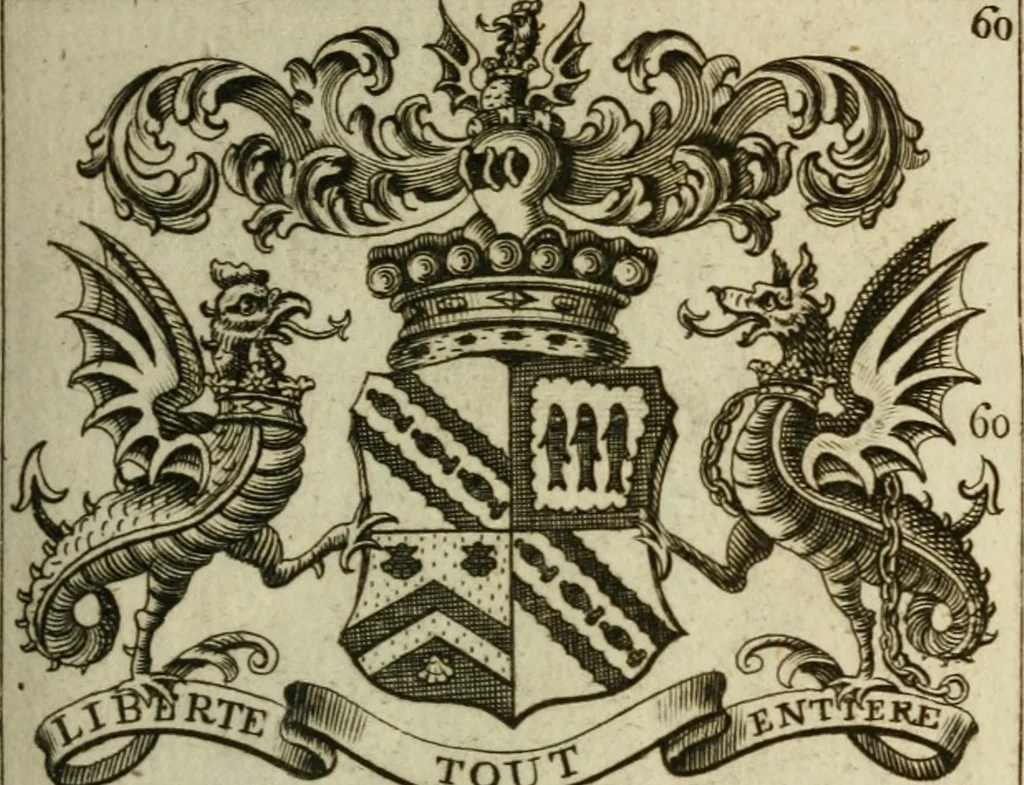 An illustration from The Irish compendium; or, Rudiments of honour. Containing the descents, marriages, issue, titles, posts, and seats of all the nobility of Ireland; with their arms, crests, supporters, mottos and Parliament robes ... Also a supplement, shewing the antiquity, dignity, and use of armories .., 1745, leaf 76