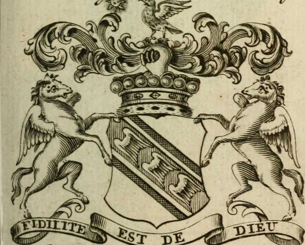 An illustration from The Irish compendium; or, Rudiments of honour. Containing the descents, marriages, issue, titles, posts, and seats of all the nobility of Ireland; with their arms, crests, supporters, mottos and Parliament robes ... Also a supplement, shewing the antiquity, dignity, and use of armories .., 1745, leaf 76