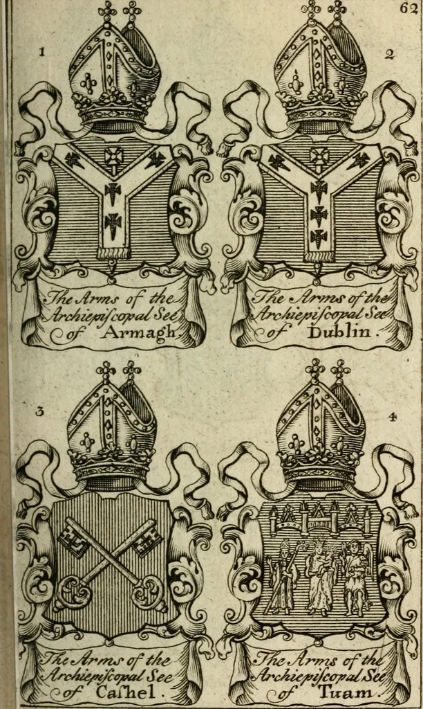 An illustration from The Irish compendium; or, Rudiments of honour. Containing the descents, marriages, issue, titles, posts, and seats of all the nobility of Ireland; with their arms, crests, supporters, mottos and Parliament robes ... Also a supplement, shewing the antiquity, dignity, and use of armories .., 1745, leaf 78