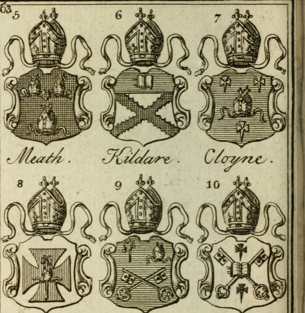 An illustration from The Irish compendium; or, Rudiments of honour. Containing the descents, marriages, issue, titles, posts, and seats of all the nobility of Ireland; with their arms, crests, supporters, mottos and Parliament robes ... Also a supplement, shewing the antiquity, dignity, and use of armories .., 1745, leaf 79