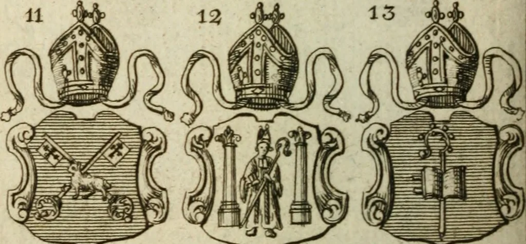 An illustration from The Irish compendium; or, Rudiments of honour. Containing the descents, marriages, issue, titles, posts, and seats of all the nobility of Ireland; with their arms, crests, supporters, mottos and Parliament robes ... Also a supplement, shewing the antiquity, dignity, and use of armories .., 1745, leaf 79